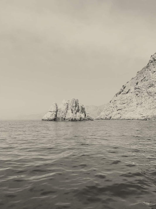 Black and white image of a rock in the ocean