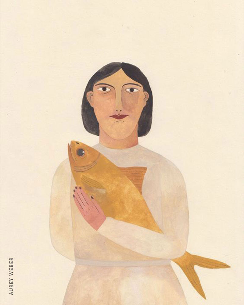 Drawing of woman holding a golden fish